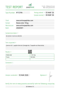 Janoshik Analytical report 112184 for Retatrutide 10 mg